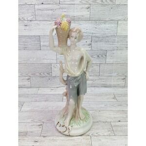 Vintage Young Man Carrying A Grape Basket Statue Hand Painted Porcelain Figurine